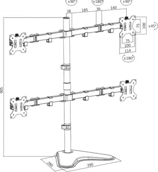 LOGILINK SUITABLE FOR 13–32 MONITORS NUMBER OF MONITORS: 4 MOUNTING TYPE: FREE-STANDING LOAD CAPACITY: PER ARM 8 KG MAX. MAXIMUM ARM LENGTH: 399 MM EACH INCLINATION: -45 ° / + 45 °, TILT: -90 ° / + 90 °, FRONT PANEL ROTATABLE: 360 ° FRONT PANEL DIMENSIONS WXH: 114X114 MM VESA COMPATIBILITY: 75X75, 100X100 MAST HEIGHT: 905 MM, MAST DIAMETER: 35 MM
BASE PLATE DIMENSIONS WXD: 390X280 MM FREELY ADJUSTABLE HEIGHT FOR AN OPTIMAL ERGONOMIC POSITION CABLE MANAGEMENT: ELEGANTLY HIDES ALL CABLES CONNECTED TO THE SCREEN FASTENING ACCESSORIES ARE INCLUDED IN THE SCOPE OF DELIVERY COLOR: BLACK WEIGHT: 7.2 KG HEIGHT: 90.5 CM WIDTH: 28 CM LENGTH: 91.3 CM. (NOSAČ ZA CETIRI MONITORA BP0046) (1 / 2)