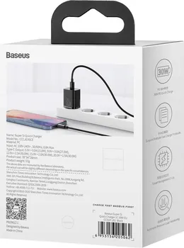 BASEUS SUPER SI 1C USB TYPE-C 30W PUNJAČ │ PRIKLJUČAK: USB TYPE-C │ UTIKAČ: EU │ DIMENZIJE: 78 X 34 X 28 MM │ TEŽINA: 51 G │ ULAZ: 100-240V, 50/60HZ, 0.6A │ IZLAZ: 5V/3A, 15V/2A, 20V/1.5A │ SNAGA: 30W (5 / 6)