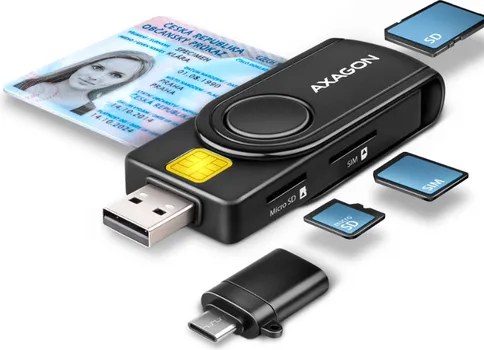 AXAGON KOMPAKTNI PUTNI USB-A + USB-C KONTAKT SMART / ID KARTICA I ČITAČ SD / MICROSD / SIM KARTICA (1 / 3)
