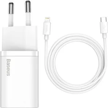 BASEUS WALL CHARGER SUPER SI PD 20W 1X USB-C WHITE + USB-C - LIGHTNING CABLE BRA010571 (1 / 2)