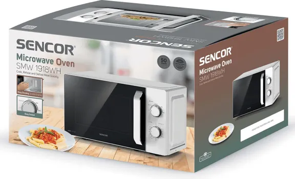 SENCOR SMW 1918WH MIKROTALASNA RERNA │ ZAPREMINA: 20L │ SNAGA: 700W │ PREČNIK TANJIRA: 25,5 CM │ OTVARANJE VRATA: LEVO │ DIMENZIJE: 25,9 X 44 X 36,4 CM │ BOJA: BIJELA │ TEŽINA: 10 KG (6 / 7)