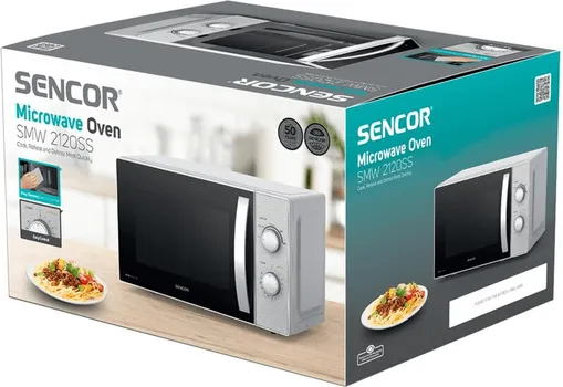 SENCOR SMW 2120SS MIKROTALASNA RERNA │ SNAGA: 700W │ KAPACITET: 20L │ ROTIRAJUĆI TANJIR: 25.5CM │ DIMENZIJE: 440MM X 364MM X 259MM │ TEŽINA: 10KG │ MATERIJAL: NERĐAJUĆI ČELIK, EMAJL │ BOJA: SIVA │ FUNKCIJE: TAJMER, ZVUČNI SIGNAL, 5 NIVOA SNAGE │ KONTROLA: MEHANIČKA (4 / 5)