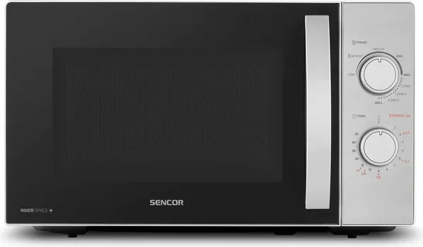 SENCOR SMW 4320SS MIKROTALASNA RERNA │ SNAGA: 700W │ SNAGA GRILA: 1.000W │ KAPACITET: 20L │ ROTIRAJUĆI TANJIR: 25.5CM │ DIMENZIJE: 440MM X 364MM X 259MM │ TEŽINA: 11.5KG │ MATERIJAL: NERĐAJUĆI ČELIK, EMAJLIRANI METAL │ BOJA: INOX │ FUNKCIJE: TAJMER, ODMRZAVANJE, ZVUČNI SIGNAL │ KONTROLA: MEHANIČKA (3 / 8)