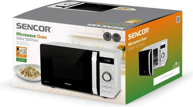 SENCOR SMW 5017WH MIKROTALASNA RERNA │ TIP: MIKROTALASNA RERNA │ SNAGA: 800W │ KAPACITET: 17L │ DIMENZIJE: 451MM X 354MM X 256MM │ MATERIJAL: EMAJL │ BOJA: BELA │ FUNKCIJE: TAJMER, ODMRZAVANJE, ZVUČNI SIGNAL, DEČIJA SIGURNOSNA ZAŠTITA │ KONTROLA: MEHANIČKA │ OSTALO: 8 PROGRAMA, TIHI RAD, LED DISPLEJ (10 / 10)