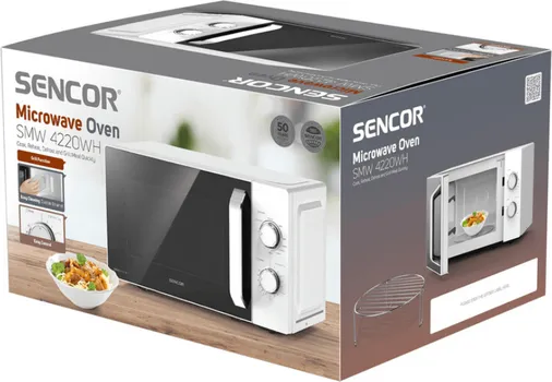 SENCOR SMW 4220WH MIKROTALASNA RERNA │ SNAGA: 700W │ SNAGA GRILA: 1000W │ KAPACITET: 20L │ DIMENZIJE: 440MM X 364MM X 259MM │ MATERIJAL: EMAJL │ BOJA: BIJELA │ ROTIRAJUĆI TANJIR: 25.5CM │ FUNKCIJE: TAJMER, ODMRZAVANJE │ KONTROLA: MEHANIČKA │ OSTALO: 5 NIVOA SNAGE, LAKO ZA ČIŠĆENJE (9 / 9)