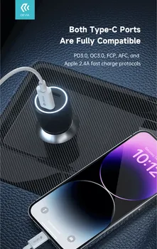 APPLE DEVIA SMART 40W PD 2X USB-C CAR CHARGER │ SNAGA: 40W UKUPNO (2X20W) │ PORTOVI: 2X USB-C │ PROTOKOLI: PD3.0, PPS, QC3+, FCP, VOOC, 2.4A ITD. │ LED OSVETLJENJE I NEKLIZAJUĆI DIZAJN │ UGRAĐENA ZAŠTITA ZA BEZBJEDNO PUNJENJE │ KOMPATIBILAN SA 12–24V VOZILIMA (6 / 6)