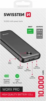 SWISSTEN WORX PRO BLACK 10000MAH POWERBANK │ KAPACITET: 10000 MAH │ IZLAZI: 2X USB-A │ DIMENZIJE: 14,6×6,8×1,6 CM │ SNAGA: 10,5 W │ TEŽINA: 220 G │ TIP BATERIJE: LI-POLIMERSKA (2 / 2)