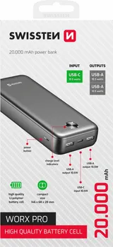 SWISSTEN WORX PRO BLACK 20000MAH POWERBANK │ KAPACITET: 20000 MAH (3,7V, 74 WH) │ TIP: LI-POLIMERSKA BATERIJA │ DIMENZIJE: 14,6×6,8×2,8 CM │ TEŽINA: 408 G │ MATERIJAL: ABS + POLIKARBONAT (VATROOTPORNO) │ INDIKATOR: LED LAMPICE │ KABL: USB-A NA USB-C, 2A, 0,4M │ ULAZ: USB-C 5V 2.1A │ IZLAZI: 2X USB-A 5V 2.1A (2 / 2)