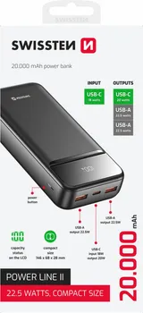 SWISSTEN POWER LINE II BLACK 20000MAH POWERBANK │ KAPACITET: 20000 MAH (3,7V, 74 WH) │ TIP: LI-POLIMERSKA BATERIJA │ DIMENZIJE: 14,6 X 6,8 X 2,8 CM │ TEŽINA: 421 G │ MATERIJAL: ABS + POLIKARBONAT (OTPORNO NA VATRU) │ INDIKATOR: LED DISPLEJ (2 / 2)
