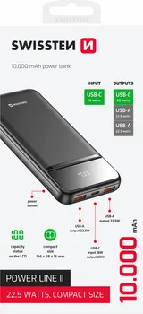 SWISSTEN POWER LINE II 10000MAH POWERBANK │ KAPACITET: 10,000 MAH (3.7V, 37 WH) │ TIP: LI-POLIMERSKA BATERIJA │ DIMENZIJE: 14.6×6.8×1.6 CM │ TEŽINA: 235 G │ MATERIJAL: VATROOTPORNI ABS + POLIKARBONAT │ LED DISPLEJ │ ULAZ (USB-C): DO 18W │ IZLAZI: 2X USB-A DO 22.5W, USB-C DO 20W │ PPS: DO 22W │ KABL: USB-C NA USB-C (1M, 3A) UKLJUČEN (1 / 3)