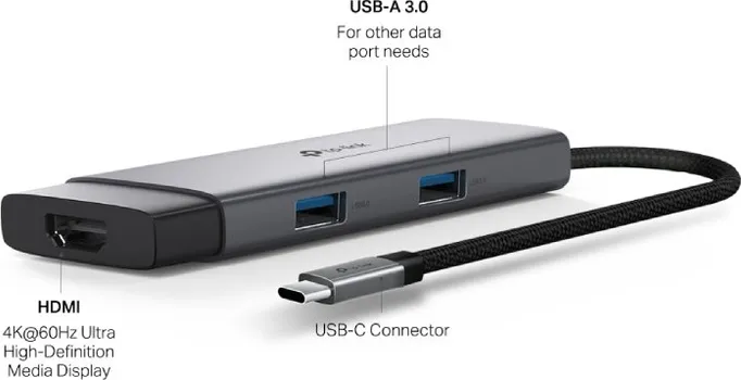TP-LINK UH5020C USB TYPE-C 5 IN 1 HUB 100W POWER DELIVERY, HDMI 4K@60HZ, USB 3.0*2, USB-C (3 / 4)