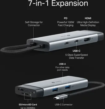 TP-LINK UH7020C TYPE-C 7-U-1 HUB │ 7 U 1: HDMI + SD/MICROSD + 2X USB-A + USB-C + PD │ 4K@60HZ HDMI │ 100W BRZO PUNJENJE │ 5GBPS PRENOS PODATAKA │ SD/MICROSD DO 200MB/S │ PLUG & PLAY (6 / 12)