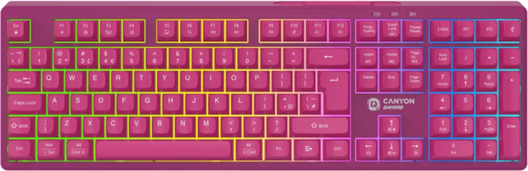 CANYON 105KEYS GAMING KEYBOARD,WITH 2.4G+ BLUETOOTH MODE, BATTERY 2000MAH, RGB BACKLIGHT 3 TYPES AND 7 COLORS, SIZE:407*119*19MM, PVC CABLE 1.8M , BLACK,WEIGHT:556+/-10G (1 / 6)