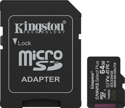 KINGSTON CANVAS SELECT PLUS 64GB MICROSD + SD ADAPTER │ KAPACITET: 64 GB │ TIP KARTICE: MICROSDXC │ BRZINA ČITANJA: 100 MB/S │ KLASA BRZINE: CLASS 1 (U1) │ KLASA VIDEO-BRZINE: V10 │ KLASA PERFORMANSI: A1 (1 / 8)