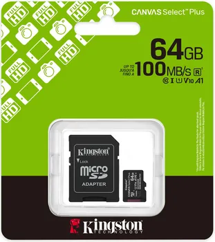 KINGSTON CANVAS SELECT PLUS 64GB MICROSD + SD ADAPTER │ KAPACITET: 64 GB │ TIP KARTICE: MICROSDXC │ BRZINA ČITANJA: 100 MB/S │ KLASA BRZINE: CLASS 1 (U1) │ KLASA VIDEO-BRZINE: V10 │ KLASA PERFORMANSI: A1 (3 / 8)
