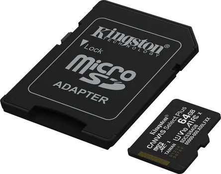 KINGSTON CANVAS SELECT PLUS 64GB MICROSD + SD ADAPTER │ KAPACITET: 64 GB │ TIP KARTICE: MICROSDXC │ BRZINA ČITANJA: 100 MB/S │ KLASA BRZINE: CLASS 1 (U1) │ KLASA VIDEO-BRZINE: V10 │ KLASA PERFORMANSI: A1 (5 / 8)