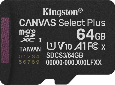 KINGSTON CANVAS SELECT PLUS 64GB MICROSD + SD ADAPTER │ KAPACITET: 64 GB │ TIP KARTICE: MICROSDXC │ BRZINA ČITANJA: 100 MB/S │ KLASA BRZINE: CLASS 1 (U1) │ KLASA VIDEO-BRZINE: V10 │ KLASA PERFORMANSI: A1 (6 / 8)