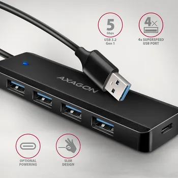 AXAGON HUE-C1A USB-A 5GBPS USB HUB │ PUTNI USB-A HUB SA 4 PORTA │ USB-C KONEKTOR ZA EKSTERNO NAPAJANJE │ DUŽINA KABLA 19 CM (7 / 7)