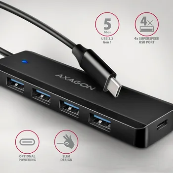 AXAGON HUE-C1C USB-C 5GBPS USB HUB │ USB-C HUB SA ČETIRI PORTA │ USB-C KONEKTOR ZA EKSTERNO NAPAJANJE │ DUŽINA KABLA 19 CM (6 / 7)